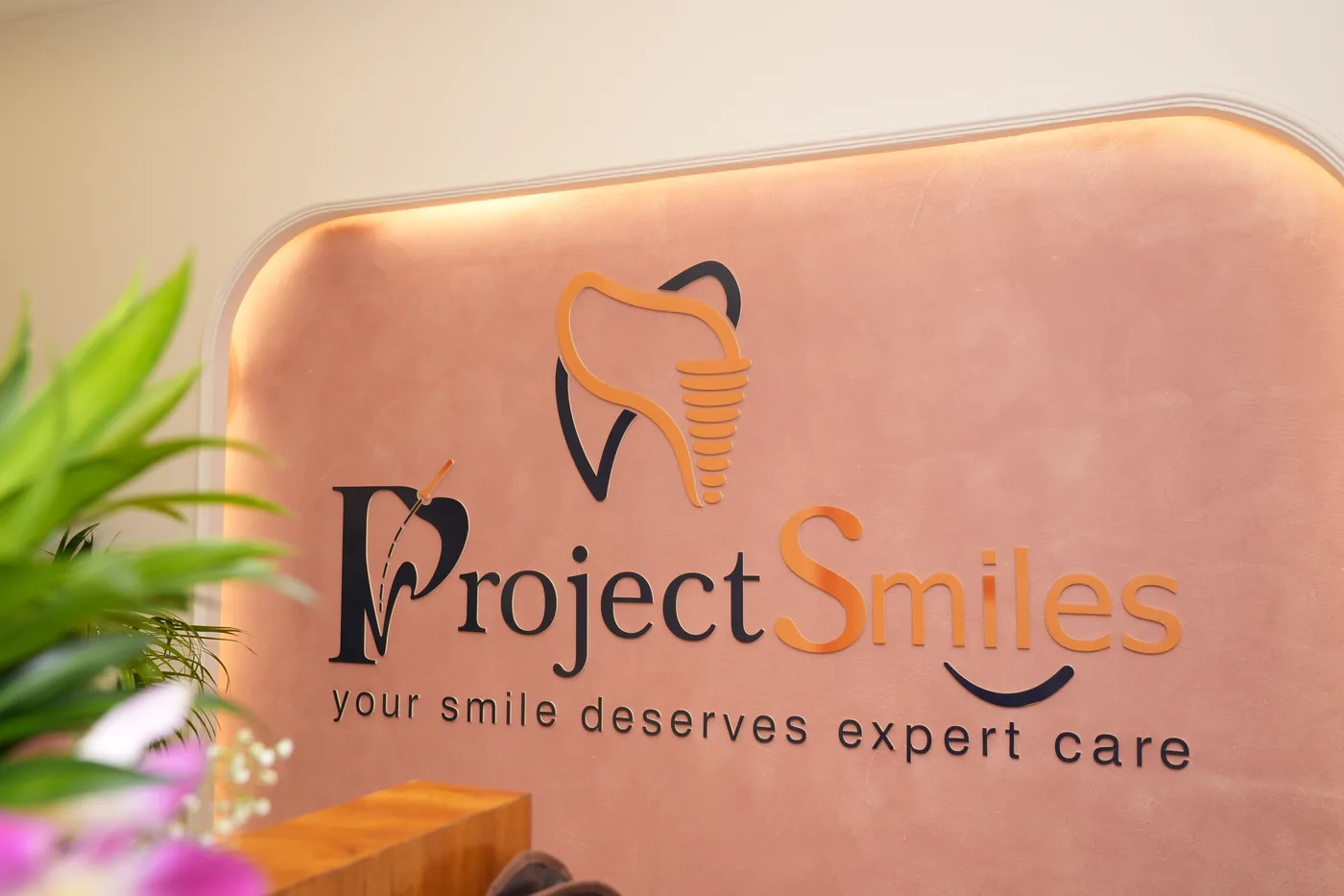 Project Smiles logo on the reception feature wall